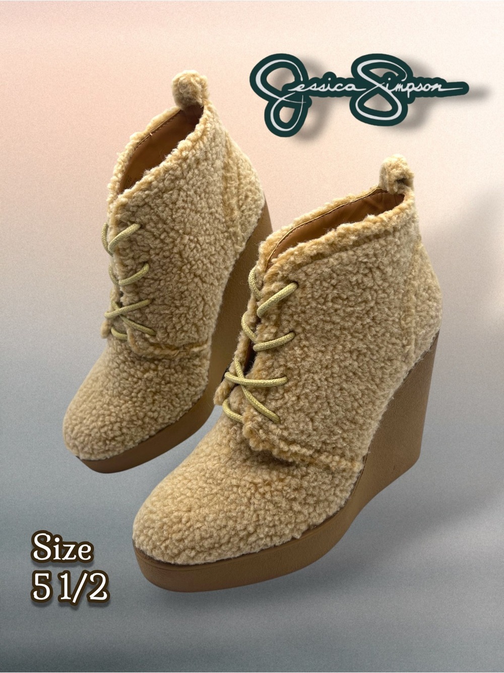 Jessica Simpson Mesila Sherpa Faux Fur Wedge Booties Cozy Chic Tan Size 5.5